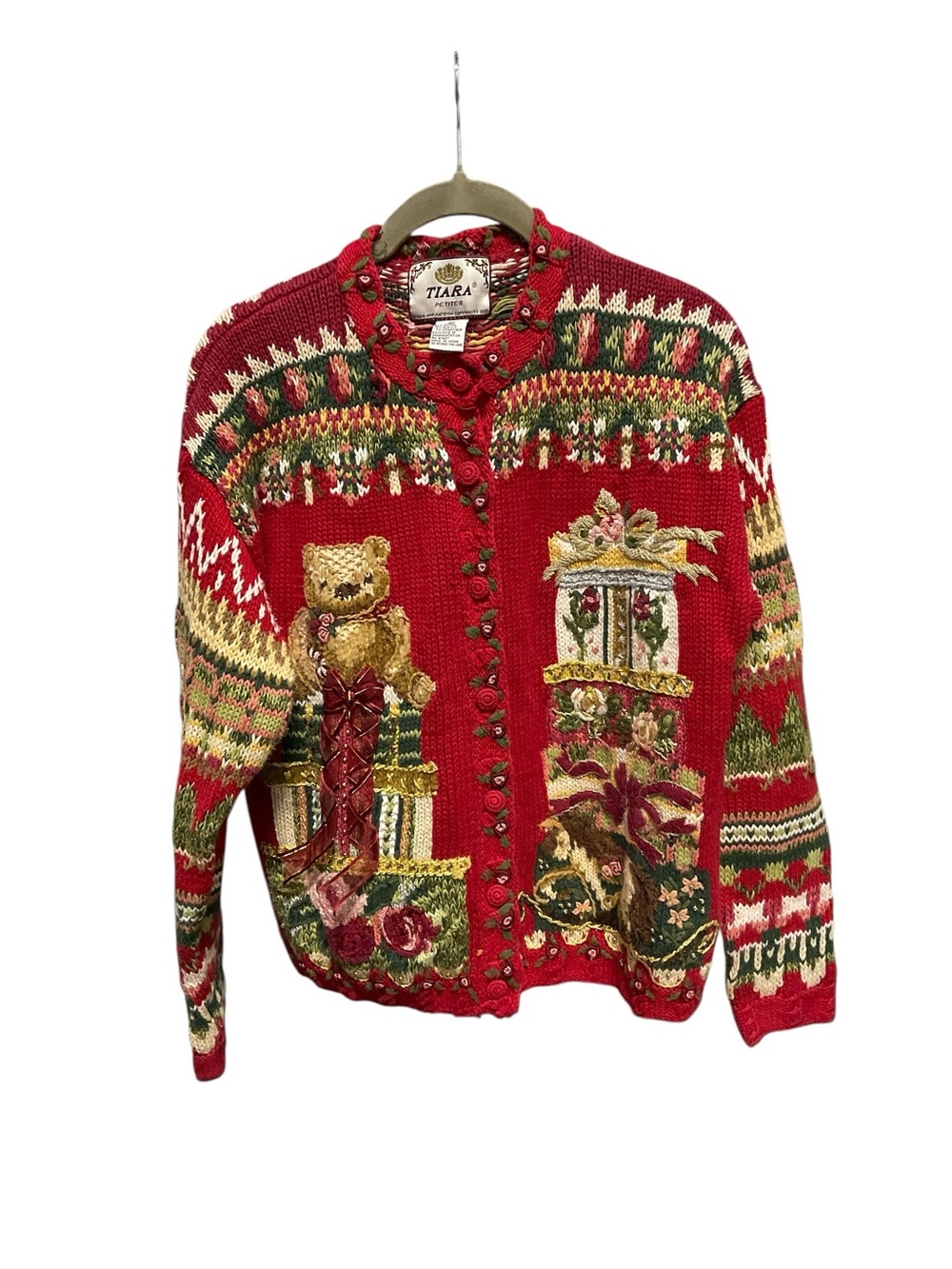 Tiara Y2K Red Holiday Teddy Bear Embellished Knit Sweater Cardigan